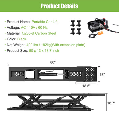 Real Relax 7000 LBS Portable Car Lift, Heavy Duty Quick Jack with 26.8" Max Height, Extended-Length Plates, 120V Power Unit, for Cars, SUVs, Light Trucks, Shop Use or Garage, Black