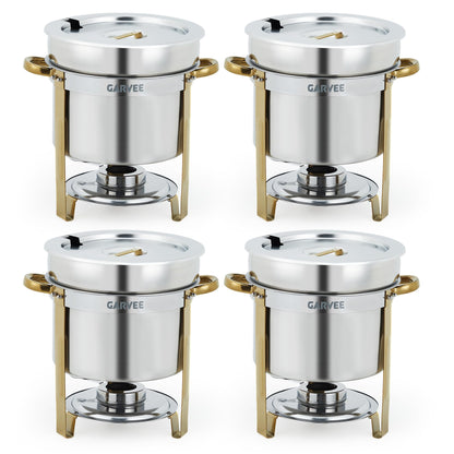 GarveeHome 7QT Round Soup Chafer Sets of 4, Commercial Soup Warmer with Pot, Notched Lids & Fuel Holders, Stainless Steel Food Warmer for Buffets Parties Wedding Banquets Catering, Gold