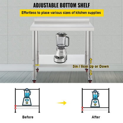 VEVOR Stainless Steel Prep Table, 36 x 24 x 35 Inch, 440lbs Load Capacity Heavy Duty Metal Worktable with Backsplash Adjustable Undershelf & 4 Casters, Commercial Workstation for Kitchen Restaurant