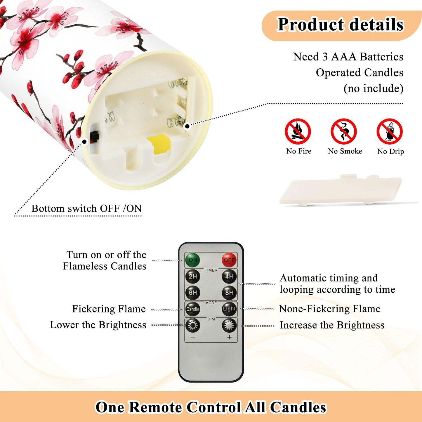 ALAZA Cherry Blossoms Pink Red Flickering Flameless Candles Battery Operated with Remote Timer,Tea Light Candles LED Pillar Votive Set of 2 for Outdoor Indoor Decorations 3" x5.9"