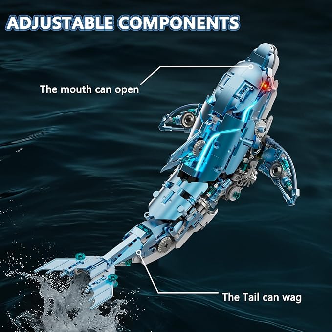 888-PCS Mechanical Blue Dolphin Building Set with LED Light Movable Linkage Gears Display Stand - Ocean Building Block Toy for Adults Teens Kids Age 12+