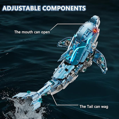 888-PCS Mechanical Blue Dolphin Building Set with LED Light Movable Linkage Gears Display Stand - Ocean Building Block Toy for Adults Teens Kids Age 12+