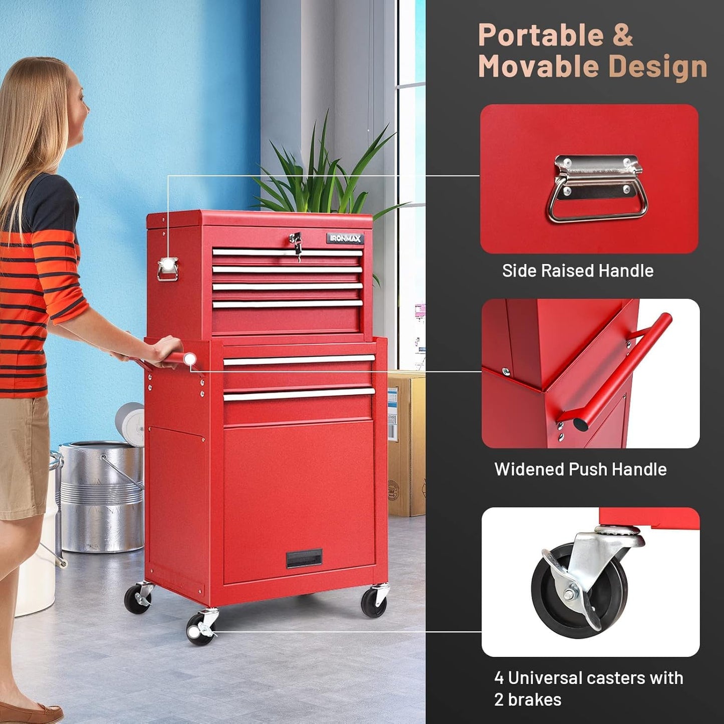 Goplus 6 Drawers Tool Chest, 2-in-1 Rolling Tool Box with Universal Lockable Wheels, Protective Liner, Detachable, Auto Lock, Metal Tool Storage Cart, Heavy Duty Tool Cabinet for Garage Shop