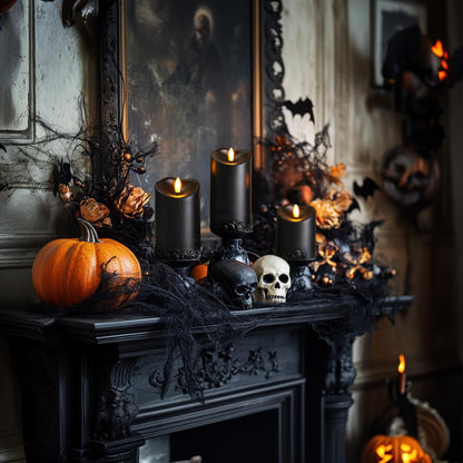 Homemory Black Flameless Candles, Halloween Candles Battery Operated with Remote and Timer, Flickering LED Pillar Candle for Theme Party, Holiday Decor, Set of 3