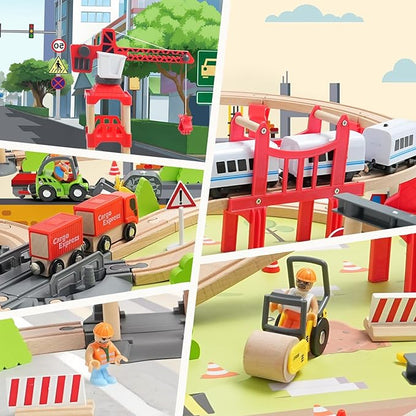 104 Pcs Wooden Train Set for Toddlers Magnetic Trains with Track for Kids Ages 3-6 Compatiable with Major Brands Construction Railway Playset Gifts for Boys and Girls Ages 3+