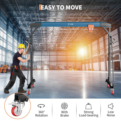 4400 LBS Gantry Crane with Manual Trolley, 2 Ton Gantry Crane with 8-12 FT Adjustable Height, Shop Crane Lift Hoist with Hooks & Shackles for Warehouse, Factory