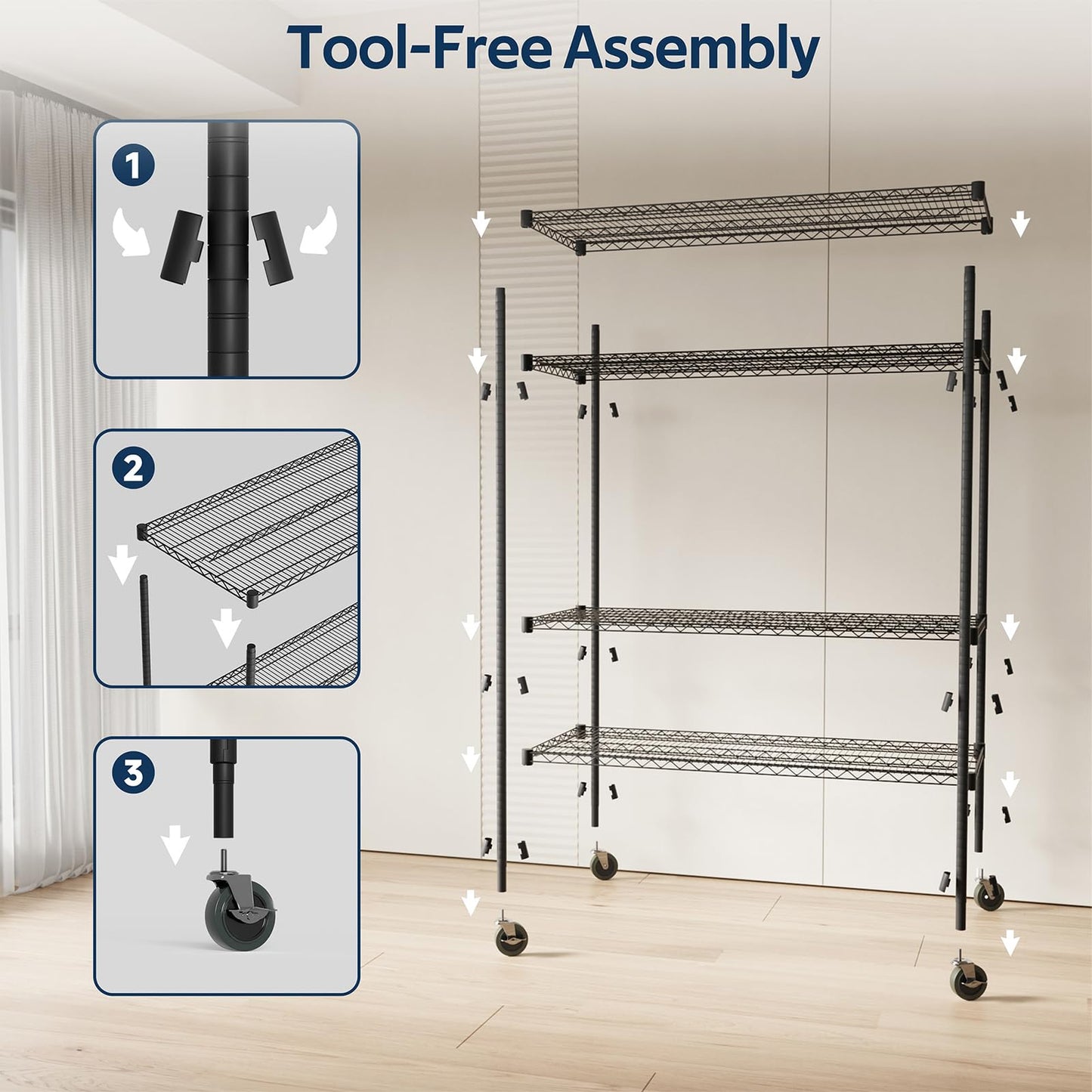 Whitmor 4 Tier Storage Shelves with Wheels, Heavy Duty Metal Shelving Unit, 625 lbs Capacity per Shelf, 2500 lbs Total for Kitchen, Garage, Plant, 55" L x 24" W x 72" H, Black