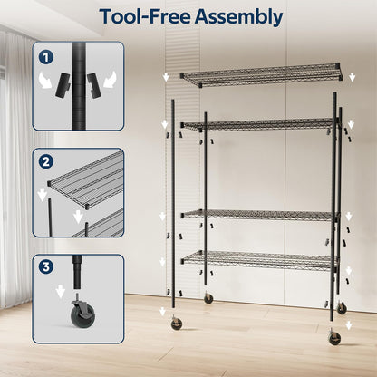 Whitmor 4 Tier Storage Shelves with Wheels, Heavy Duty Metal Shelving Unit, 625 lbs Capacity per Shelf, 2500 lbs Total for Kitchen, Garage, Plant, 55" L x 24" W x 72" H, Black