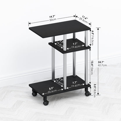 Furinno TOMI Side Table, 3-Tier C-Shape Open Shelf End Table with Wheels, Night Stand, Bedside Table, Toolless Assembly, for Living Room, Bedroom, Americano/Stainless Steel