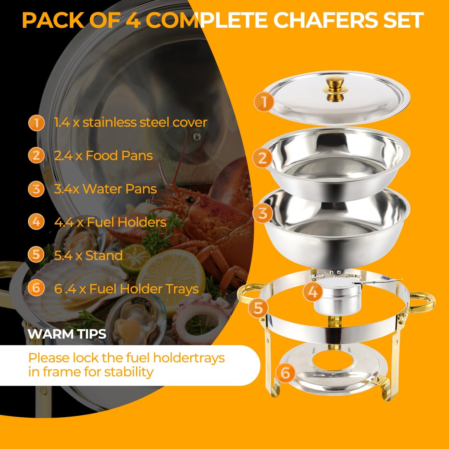 Non-Tarnish Gold Chafing Dishes for Buffet 4 Pack, 5QT Luxury Buffet Set - Scratch-Resistant & Easy-Clean Finish, Sturdy Stainless Steel Food Warmers for Catering Events and Parties