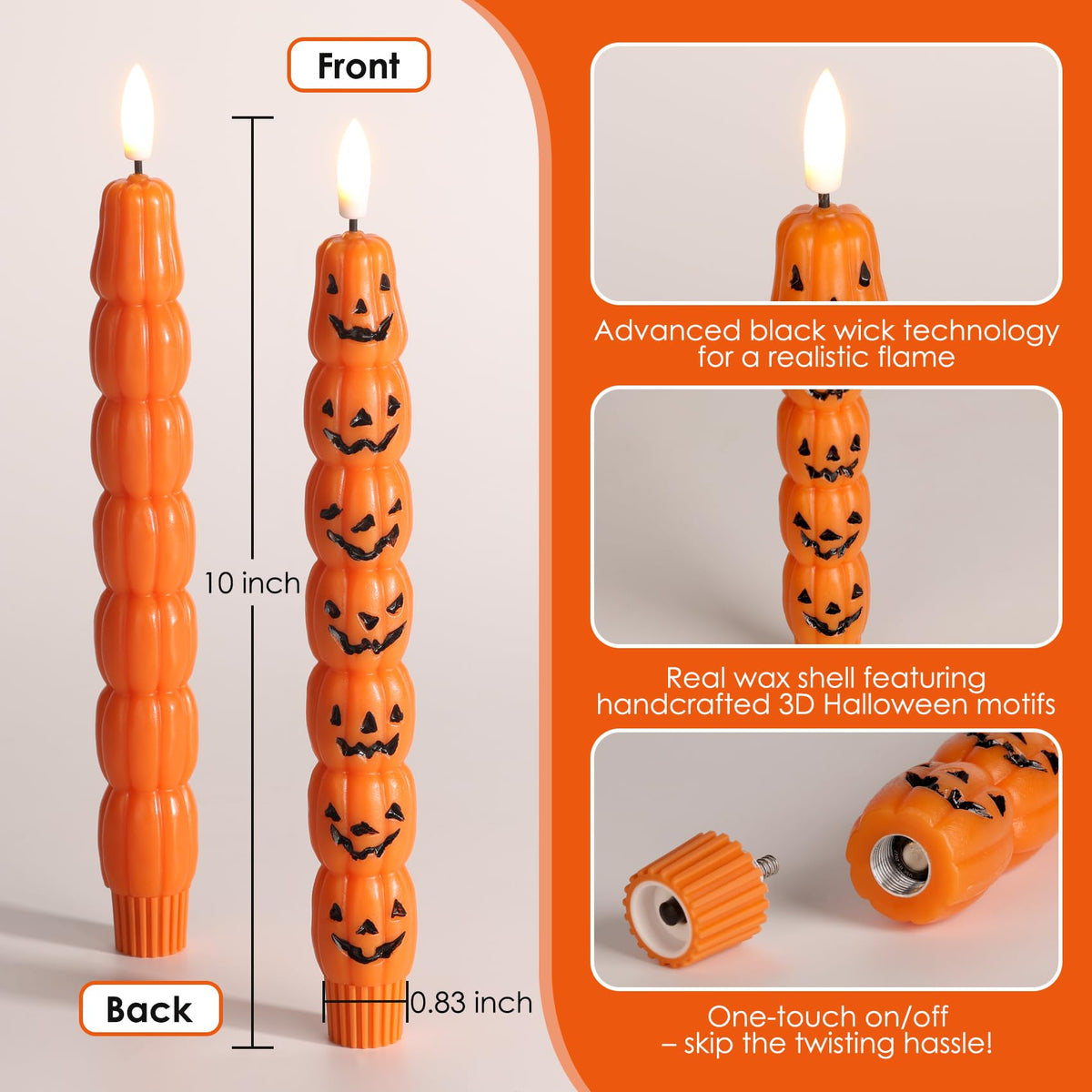 Girimax Orange Pumpkin Halloween Flameless Taper Candles with Remote, Flickering Spooky LED Wax Candlesticks Battery Operated, Set of 4