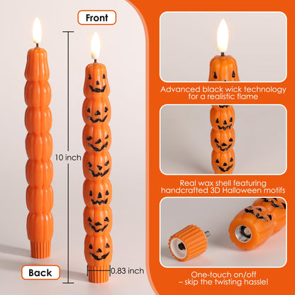 Girimax Orange Pumpkin Halloween Flameless Taper Candles with Remote, Flickering Spooky LED Wax Candlesticks Battery Operated, Set of 4