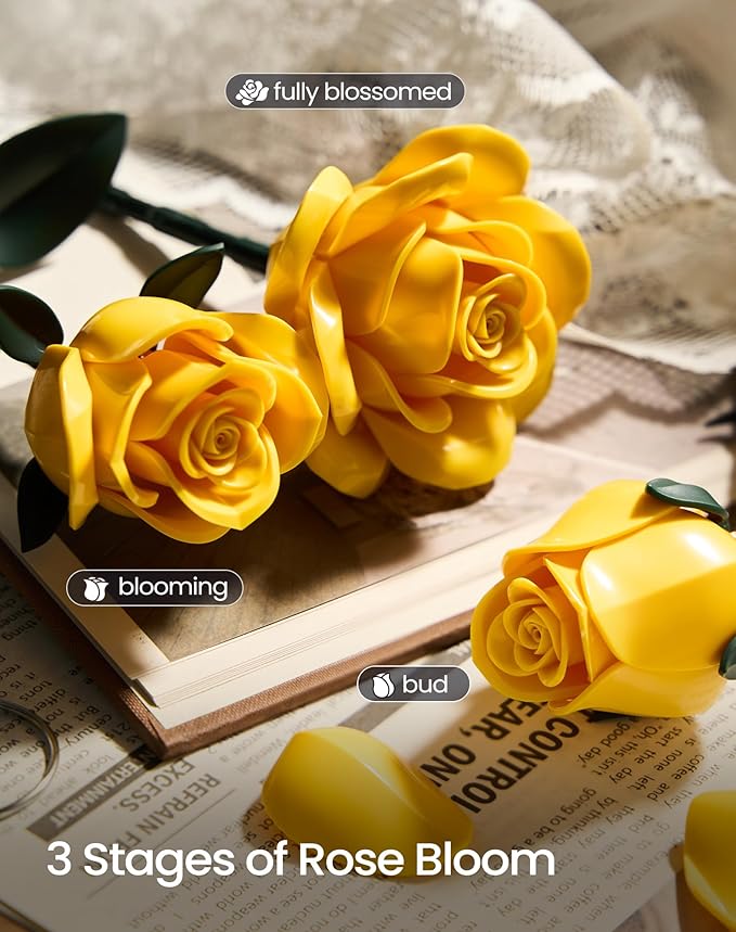 iATOM Yellow Rose Bouquet Building Set 12Pcs Flowers Botanical Collection Kit for Adults Valentine's Day Gift for Her/Girlfriend/Mom/Wife/Couple Modern Home Office Table Centerpiece Decor Aesthetic