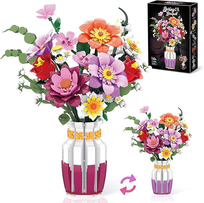 2 in 1 Vase Flowers Bouquet Building Set 16 Flowers Bouquet Sets for Adults &amp Women Compatible with Lego Flowers Bouquet Valentine's Day Gift for Her Girlfriend Wife 1278 PCS