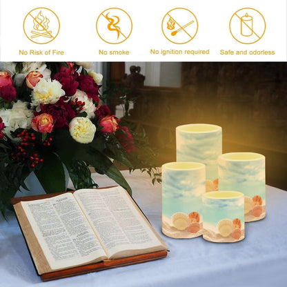 NETILGEN Flameless Candles with Remote Control, Set of 4, Color Changing Flickering Flameless LED Pillar Candles with Battery Operated, Beach Seashell Blue Decor