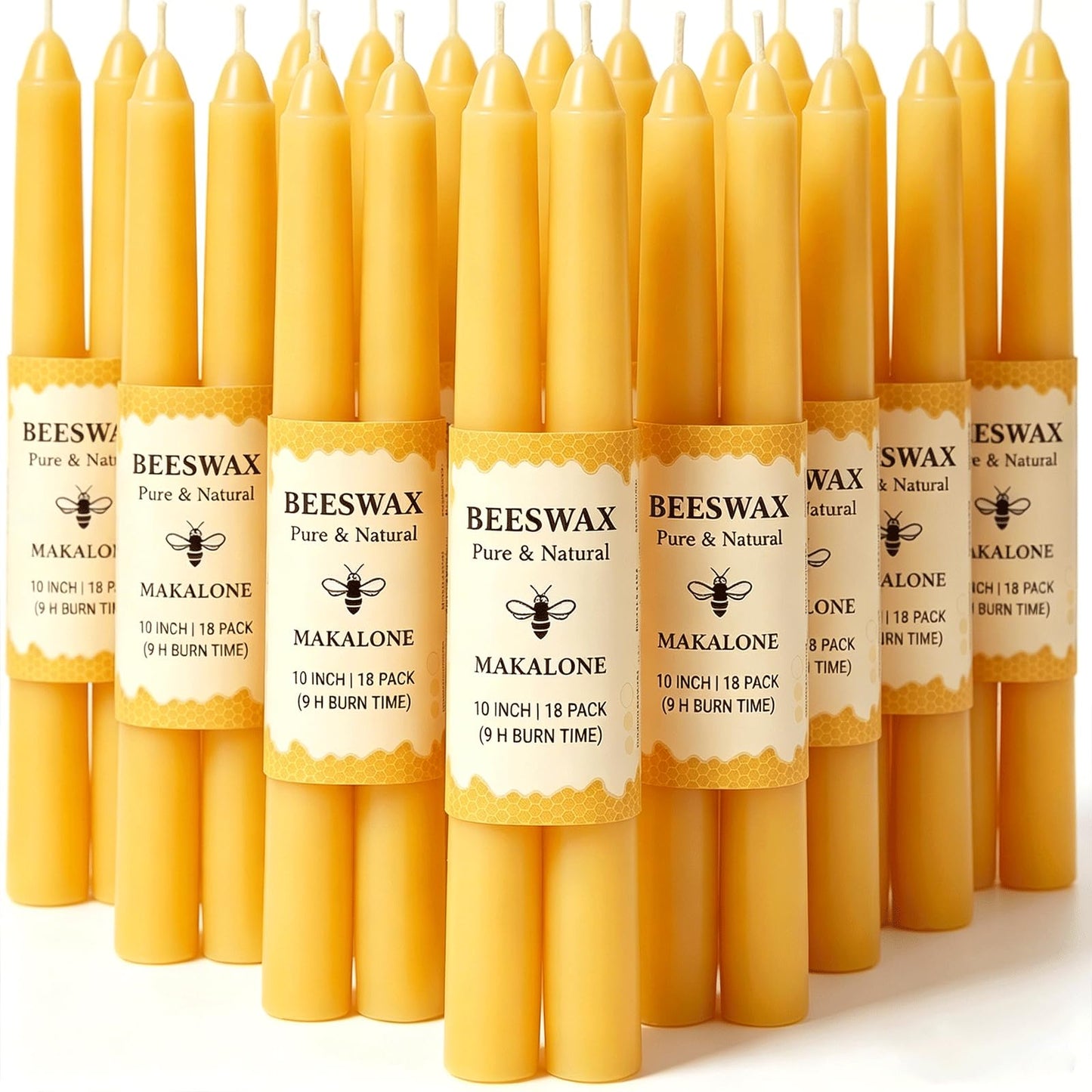 10 in Beeswax Taper Candles,18 Pack Dripless Pure Beeswax Candle Sticks,9-10 Hours Long Burning Natural Bees Wax Candles for Home,Unscented Smokeless Tapered Candlesticks for Dinner