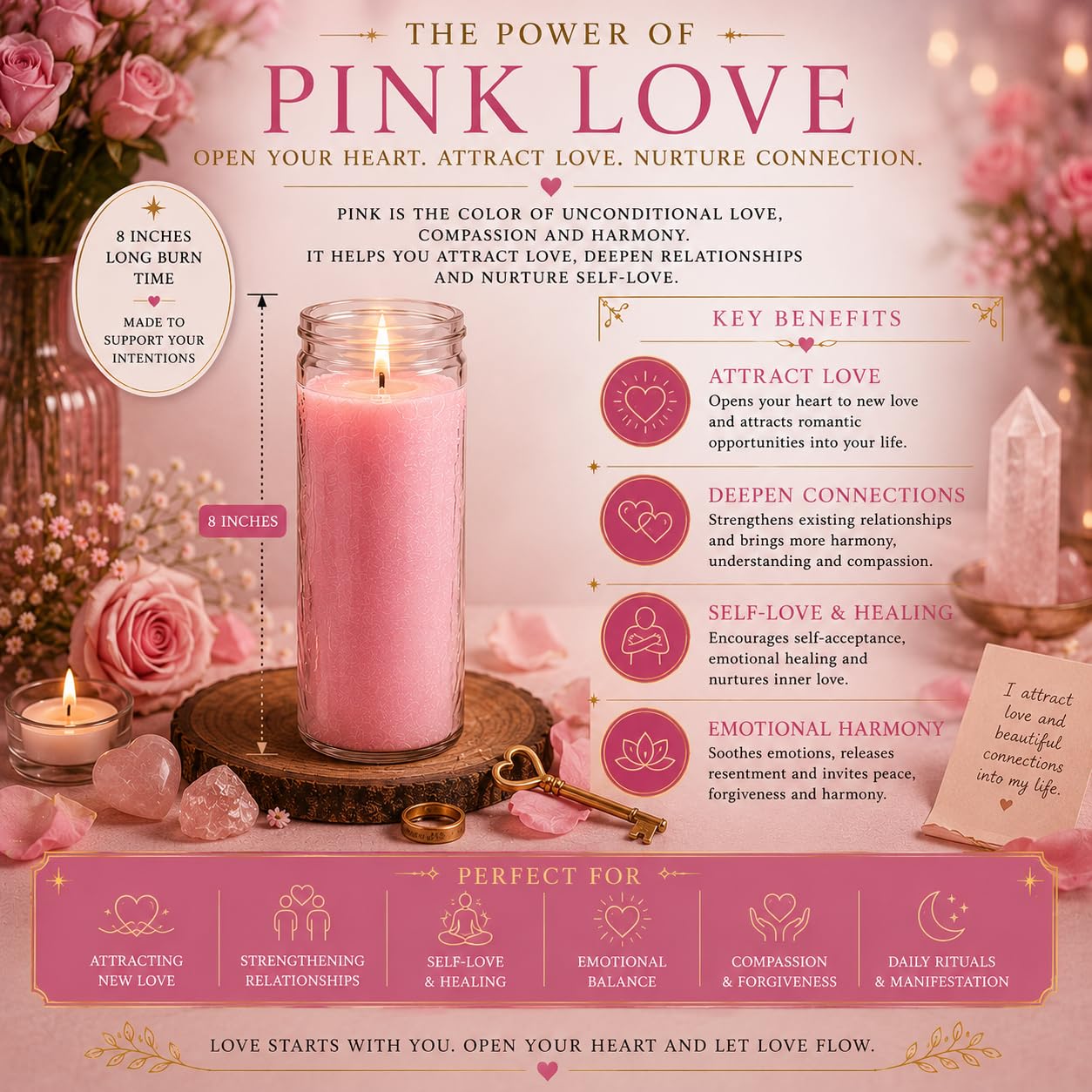 Pink Love Manifestation Candle Kit – 8" Ritual Prayer Candle with Intention Scrolls, Pencil & QR Guide, Self-Love, Harmony & Relationships