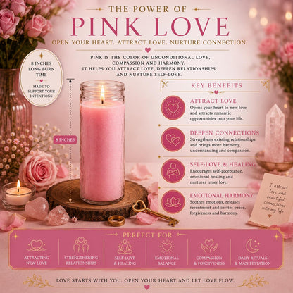 Pink Love Manifestation Candle Kit – 8" Ritual Prayer Candle with Intention Scrolls, Pencil & QR Guide, Self-Love, Harmony & Relationships