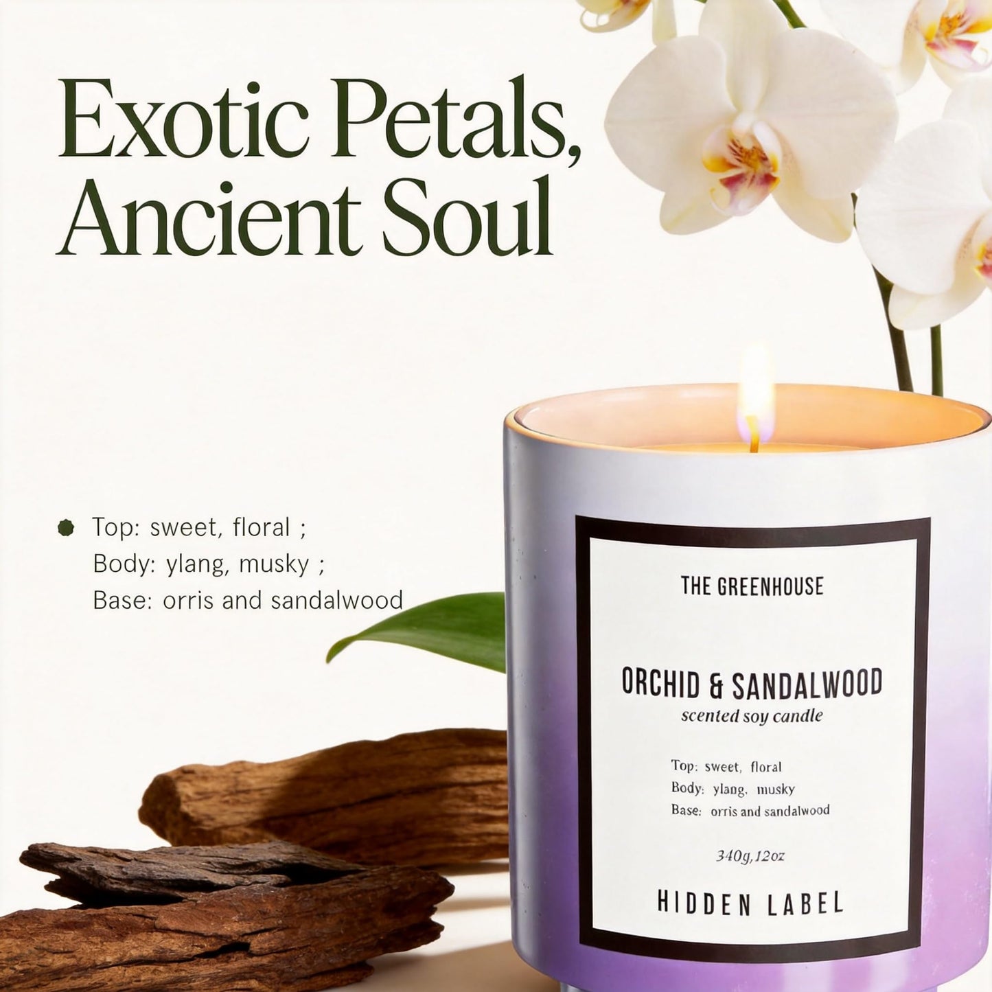 Hidden Label Orchid & Sandalwood Candle, 12oz Natural Soy Wax Non Toxic, 75H Long Lasting Aromatherapy Candle, Essential Oil Jar Candles for Home Scented, Pretty Stress Relief Meditation Gift for Her