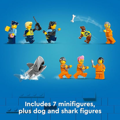 LEGO City Police Prison Island Building Set Birthday Gift for Boys and Girls Ages 7 Plus Imaginative Play Helicopter Toy Boat Toy and Dinghy 7 Minifigures with Dog and Shark 60419