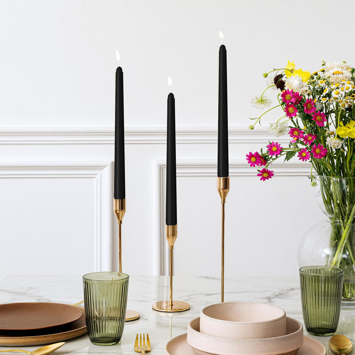 12 Pack Black Taper Candles 10 inch - Taper Candles Dripless, Smokeless, Unscented - 8 Hours Long Burning - Hand Poured Tall Candlesticks - Perfect for Home Decor, Weddings, and Special Occasions
