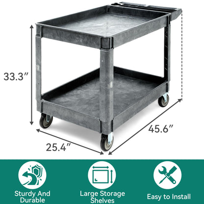 YITAHOME 2 Tier Heavy Duty Plastic Utility Cart 45 x 25 Inch, Rolling Work Cart w/Deep Shelves & 360° Swivel Wheels(2 Brake), Plastic Tool Cart Suitable for Warehouse, Garage, Office, Cleaning, Gray