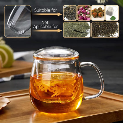 DOPUDO Glass Teacups 4 Pack Glass Tea Cup with Infuser and Lid, 17.6oz/520ml Large Borosilicate Teacup,Tea Clear Mug Cup for Loose Leaf Blooming Tea, Microwave & Dishwasher Safe.