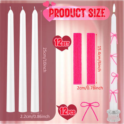 Conelist 12 Set Pink Bow Taper Candles Coquette Birthday Decoration Candles White Candlesticks with Wax Stick for Bridal Shower Wedding Dinner Decorations for Birthday Anniversary Party