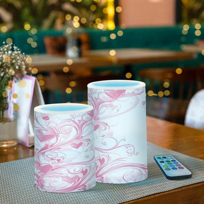 ALAZA Pink Hearts Swirls Flickering Flameless Candles Battery Operated with Remote Timer,Tea Light Candles LED Pillar Votive Candles Set of 2 for Outdoor Indoor Decorations