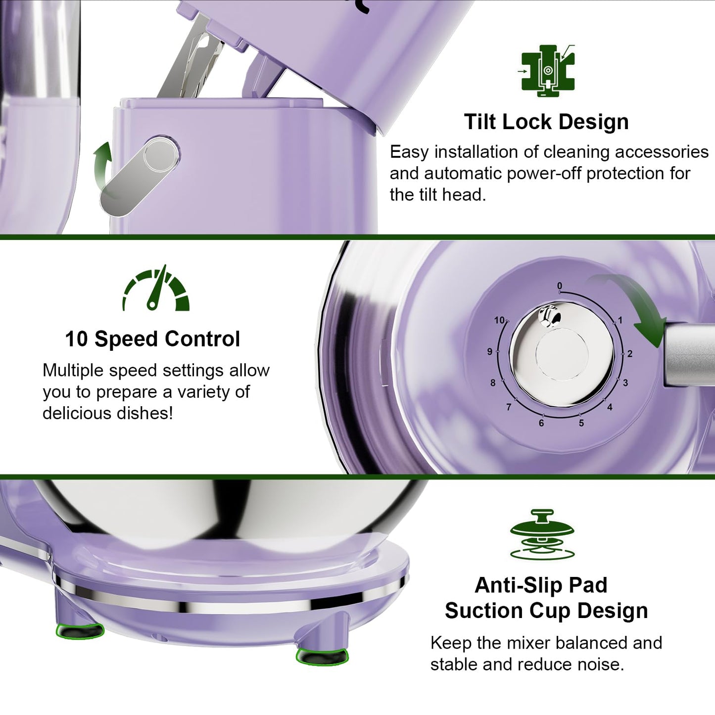 Camic Electric Stand Mixer,7.45 QT,10 Speeds with Dough Hook,Whisk, Flat Beater Attachments, Splash Guard, Easy-Carry Top Handle,3-IN-1 Kitchen Mixer for Baking Cakes Cookie Bread Salad (Purple)