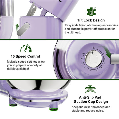Camic Electric Stand Mixer,7.45 QT,10 Speeds with Dough Hook,Whisk, Flat Beater Attachments, Splash Guard, Easy-Carry Top Handle,3-IN-1 Kitchen Mixer for Baking Cakes Cookie Bread Salad (Purple)