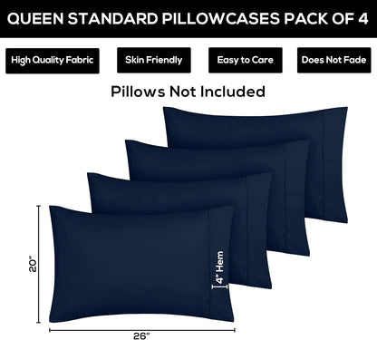 Utopia Bedding Standard Pillow Cases - Soft Brushed Microfiber - 4 Pack, Navy - Fade & Shrinkage Resistant, 20 x 26 Inches