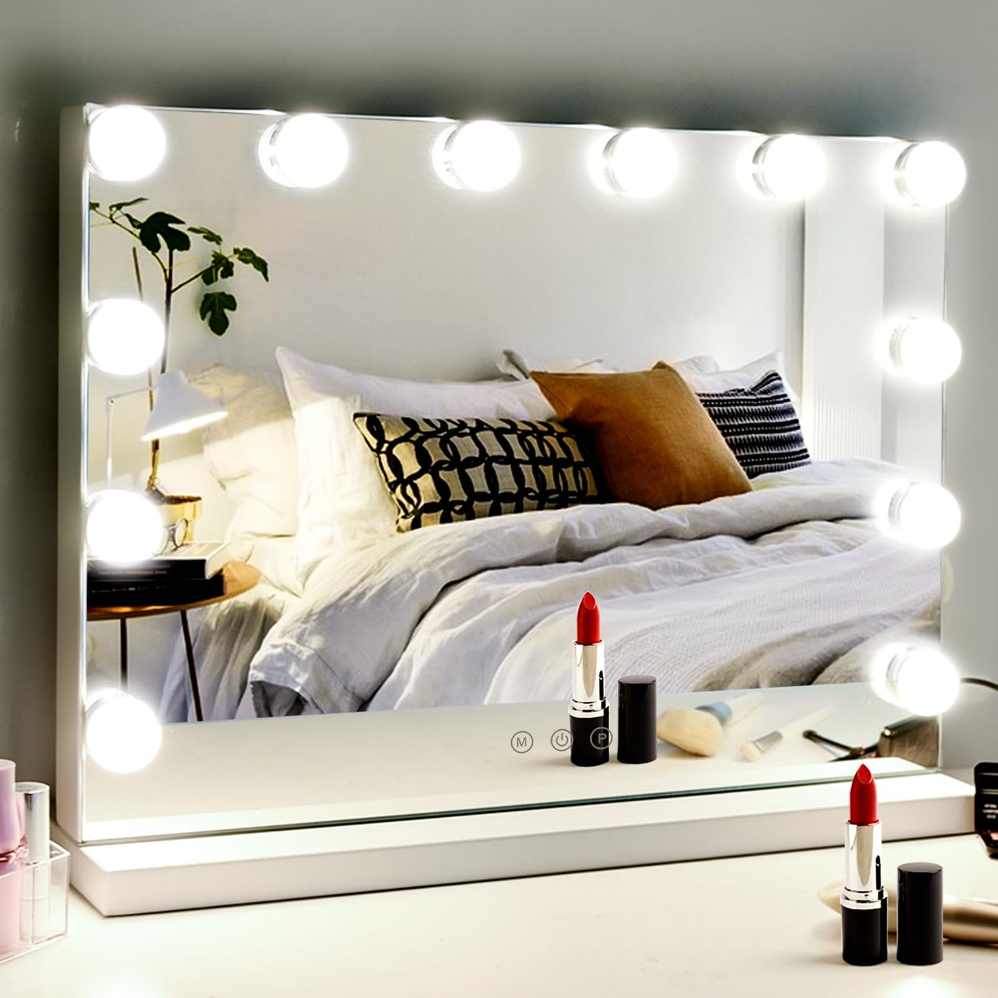 M MIVONDA Vanity Makeup Mirror with Lights: Hollywood Mirror with 15LED Bulbs - Large 23”x19” Desk Mirror for Wall, Dimmable 3 Lighting Modes, Plug-in and USB Charger Port, White