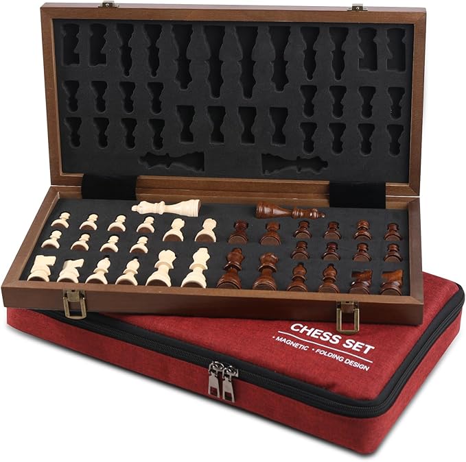 Magnetic Wooden Chess Set 15'' Folding Chess Board Portable Travel Chess Set Games with Chessboard Bag Beginner Chess Set for Tournament Professional Beginner