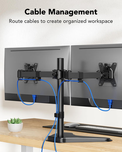 HUANUO 32 inches Dual Monitor Stand up to 17.6lbs per Arm, High-Grade Aluminum Free-Standing Dual Monitors Mount for 2 Screens. Fully Adjustable Dual Monitor Stand for Desk with Tilt, Swivel, Rotation