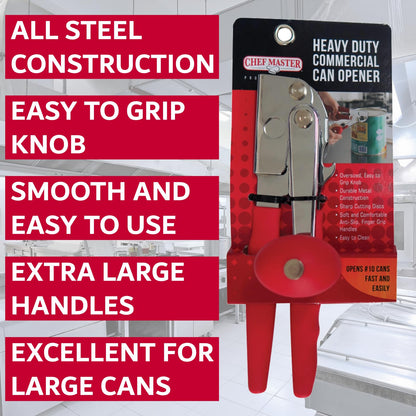 Chef Master Commercial Can Opener Heavy Duty - Manual Hand Crank for Large Cans with Anti-Slip Grip - Stainless Steel Restaurant Can Opener Manual for Seniors, Kitchen, Bars & Food Trucks - 90056