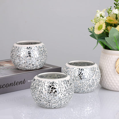 OwnMy 3PCS Mosaic Glass Tea Light Holders Round Bowl Votive Candle Holders Pillar Candle Stands, Silver Glass Mosaic Tealight Holders Potted Plant Bowl Vase Candle Centerpiece for Dining Table Wedding