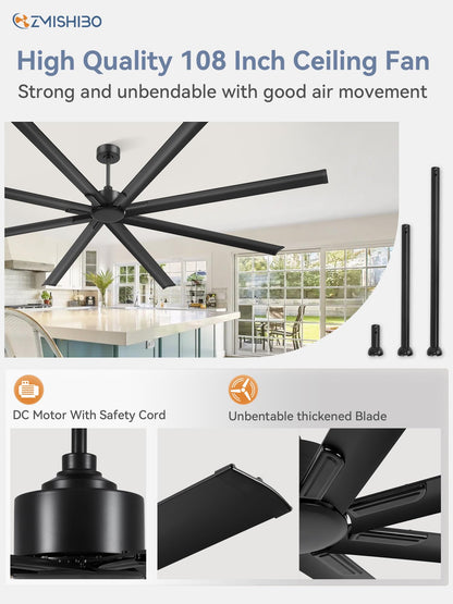 ZMISHIBO 108 Inch Large Ceiling Fans with Remote, High Volume(HVLS) Industrial Ceiling Fan with Reversible DC Motor, 8 Blades, 3 Downrods, Commercial Outdoor Ceiling Fans for Porch/Garage/Shop, Black