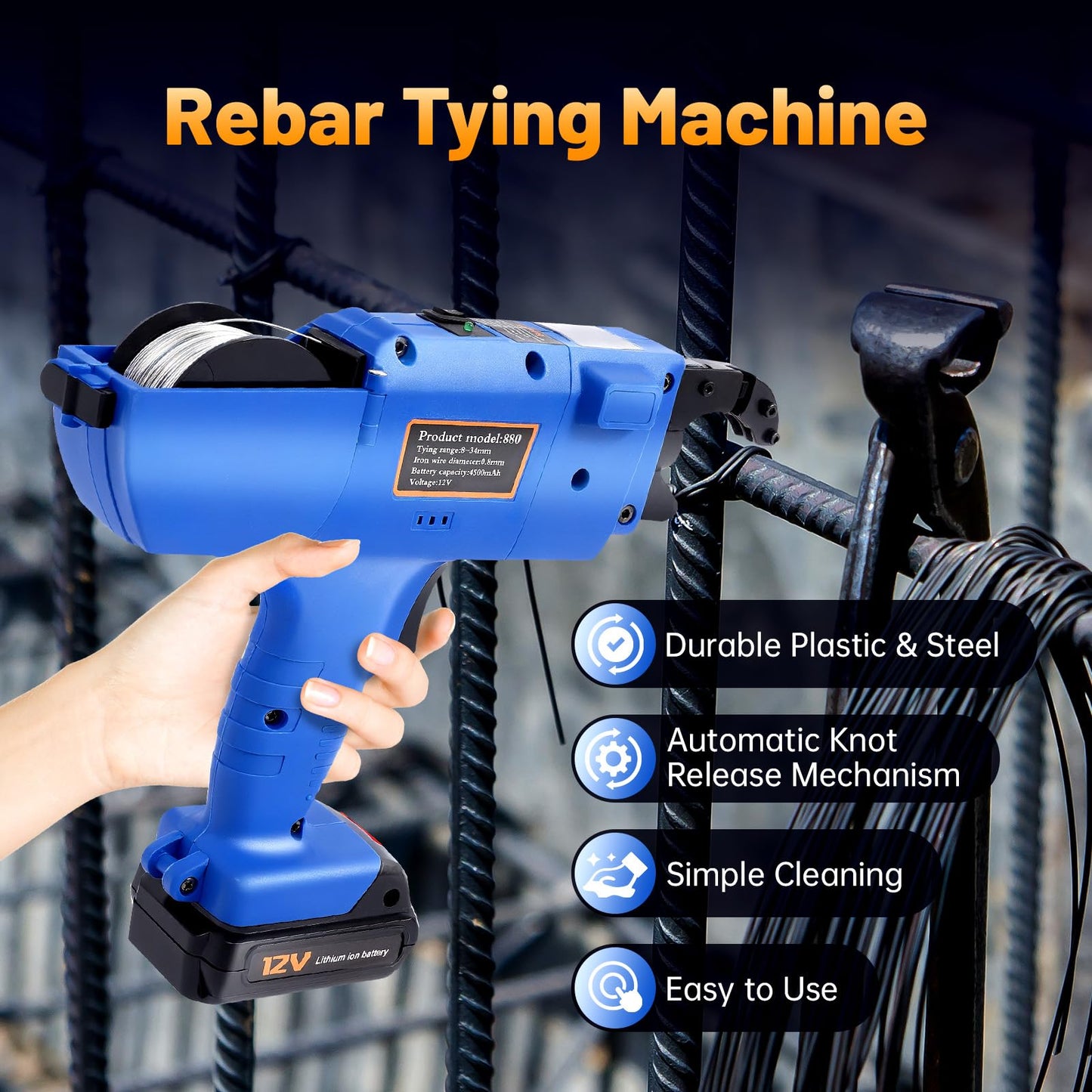 Futchoy 8mm-34mm Tier Tying Machine Automatic Rebar Tier Tying Machine Electric Reinforcing Rebar Tier Gun (Blue)