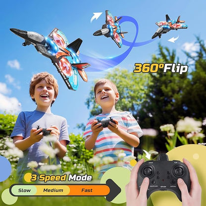 Foam RC Plane Drone for Kids Remote Control Airplane Fighter Jet with LED Light Auto Hover 360°Flip 2 Batteries (16 Mins Flight) Easy to Fly for Beginners