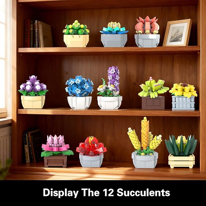 Flowers Succulents Building Sets 12 Tiny Plants Office Home Decor Botanical Collection Building Block Toy Creative Birthday Housewarming Gifts Artificial Plant Kit for Kids Adults Women (1174 PCS)