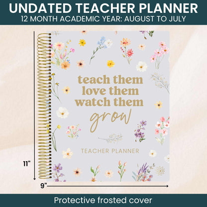 bloom daily planners New Undated Academic Year Teacher Planner & Calendar with Frosted Protective Cover - 7 Period Lesson Plan Organizer Book (9" x 11") - Teach Them Love Them