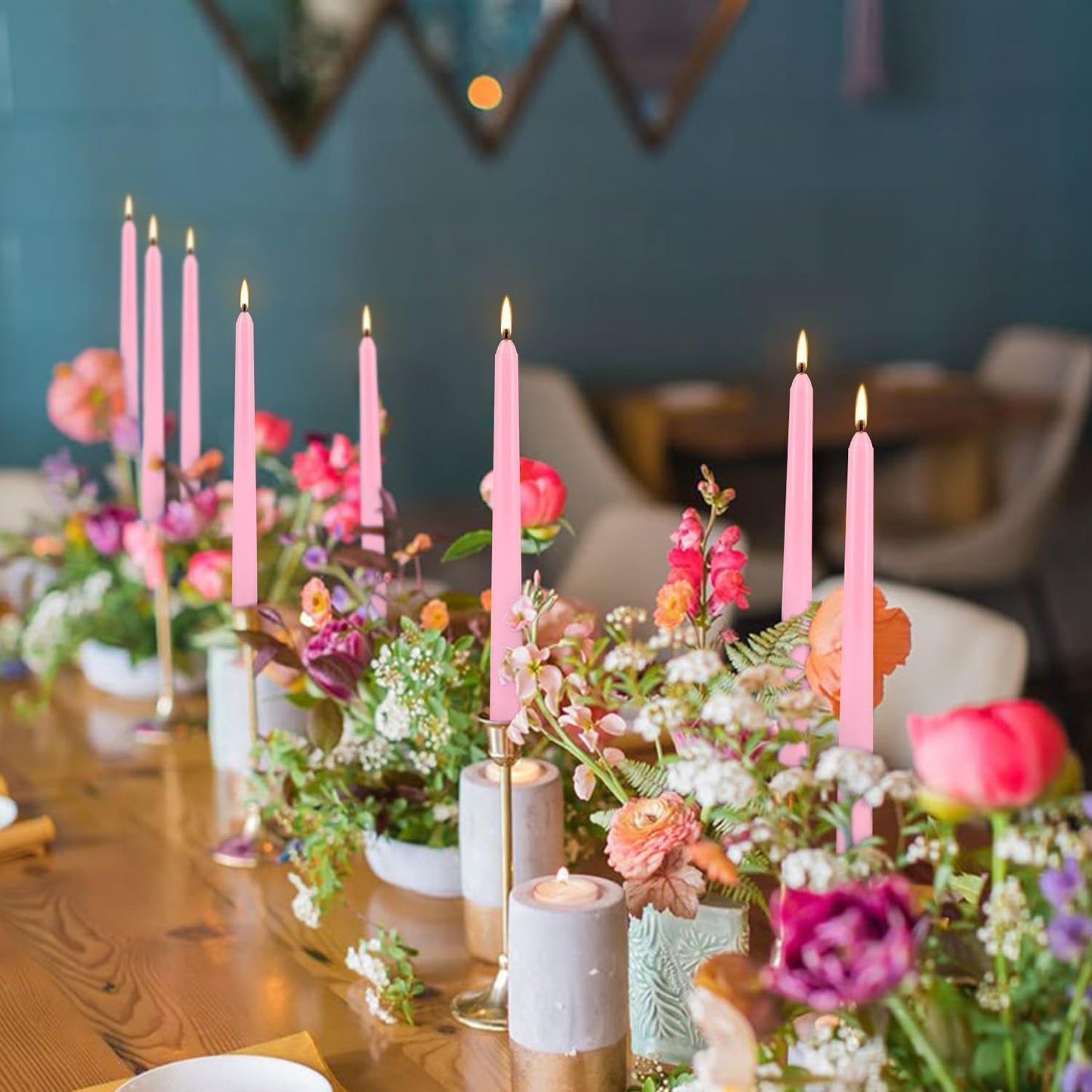 50-Pack Pink 10-Inch Taper Candles: Unscented Dripless Candlesticks with 8-Hour Burn Time - Elegant Dinner Candles for Valentine's Day, Romantic Dinners, Wedding Centerpieces, & Special Event Decor