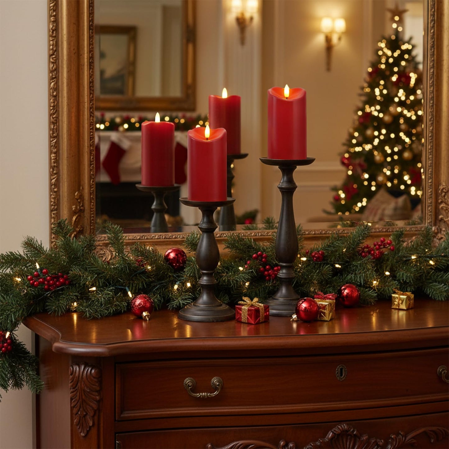 Homemory Burgundy Flameless Candles, Waterproof Flickering Candles, Outdoor Battery Operated LED Pillar Candles with Remote Timer, Electric Fake Plastic Candles, Red, Christmas Decor, 3" x 6"