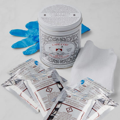 (Qty 3) of Cape Cod Polishing Metal Tin Bundle for Fine Metals | Each Tin Contains (12) 4X6 Polishing Cloths | (1) 12x12 Buffing Cloth | (1) Pair of Nitrile Gloves