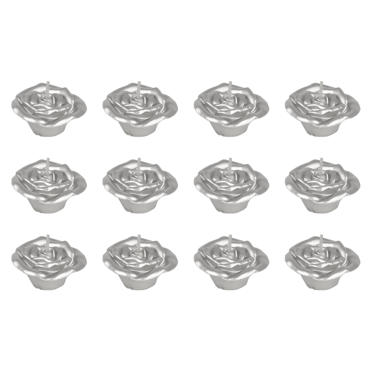 Mega Candles 12 pcs Unscented Rose Petals Flower Silver Floating Candles, Hand Poured Wax Candle 2 Inch Diameter, Home Décor, Wedding Centerpieces, Holidays, Occasions, Events, Festivities