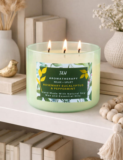 Rosemary Eucalyptus Peppermint 3 Wick Candle for Home Scented | 15.8 oz Large Soy Candle | Spa Aromatherapy Candles for Home Stress Relief | Clean Burn | Gift for Women & Men