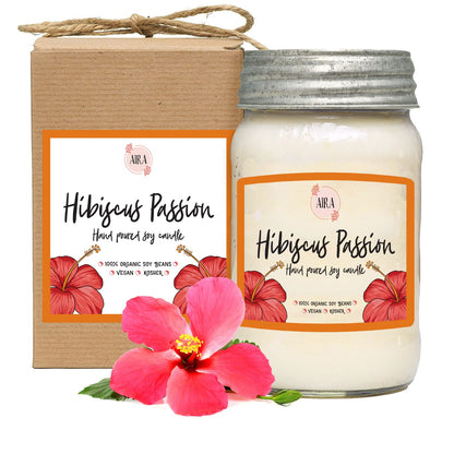 AIRA Soy Candles - Organic, Kosher, Vegan, in Mason Jar w/Therapeutic Grade Essential Oil Blends - Hand-Poured 100% Soy Candle Wax - Paraffin Free, Burns 110+ Hours - Hibiscus Passion -16 Ounces