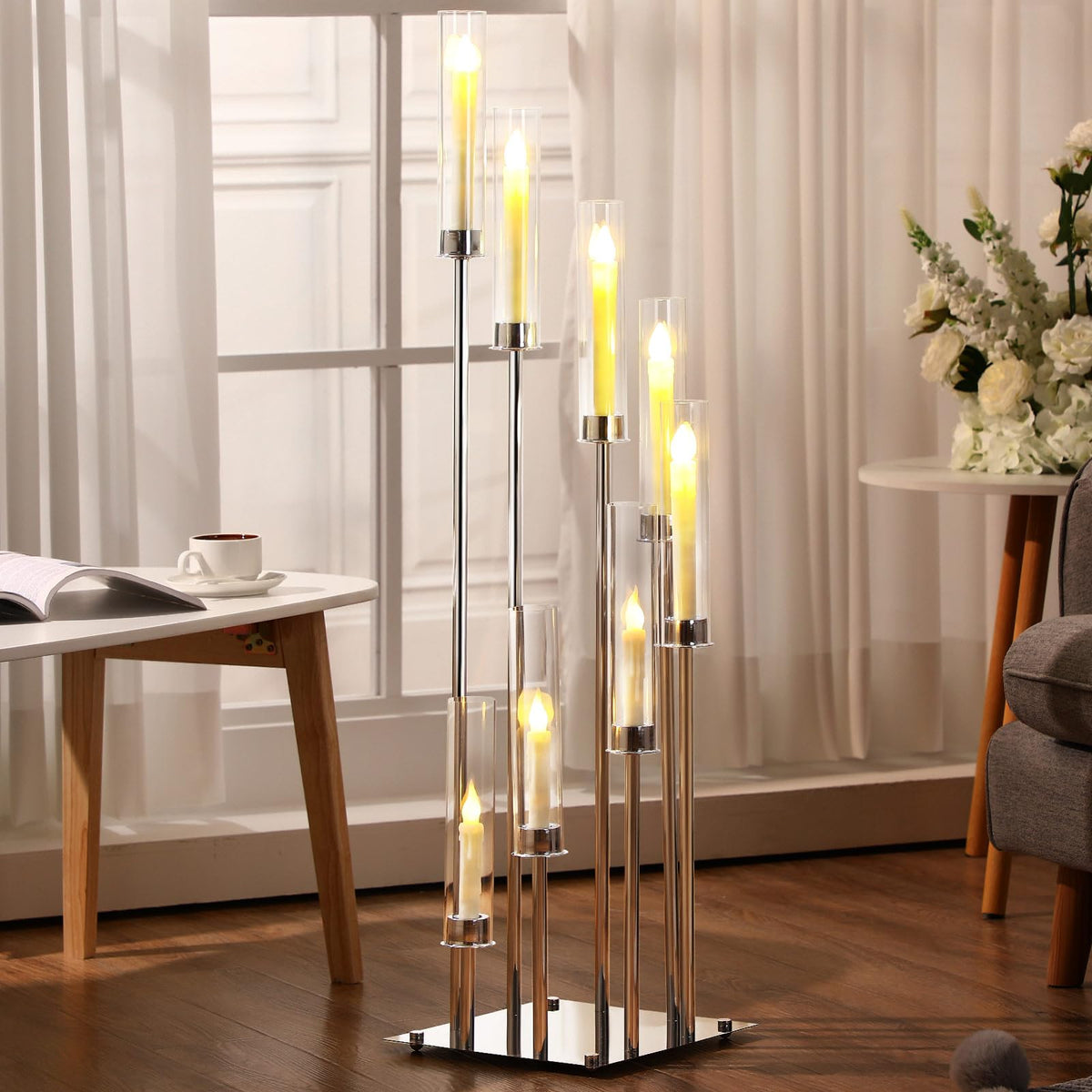 Dandat 41.5" Tall Floor Candelabras, 8-arm Cluster Standing Candle Holders with Clear Acrylic Shades, Silver Wedding Centerpiece Candelabra for Flameless/LED Taper Candles, Party & Event Decor(1 Pack)