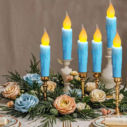 LINCOUNTRY.Primitive Wax Short Taper Candles Battery Operated with Timer Flameless Taper Candles Flickering Flame Small Led Blue Candlesticks for Christmas Halloween Home Decor